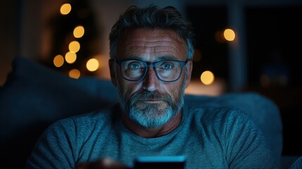 A thoughtful man is sitting comfortably on a couch while using his smartphone, illuminated by soft ambient light, creating an intimate, relaxed atmosphere perfect for reflection.