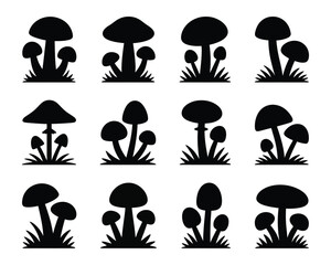 Mushroom silhouettes, simple minimalist illustration of various mushroom shapes in natural environment expressing woodland nature charm and botanical design.