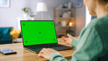 Creative Home Office Scene with Woman Using Laptop, Green Screen Ready for Replacement
