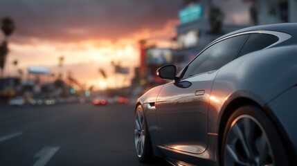 Fototapeta premium Experience the Allure of a Modern Sports Car at Sunset on a Cityscape Indulge in Automotive Excellence and Sleek Design Perfect for Urban Lifestyle Themes