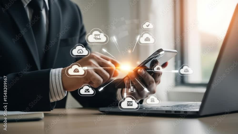 Poster businessperson using mobile phone with cloud computing icons - close-up of a businessman's hands usi