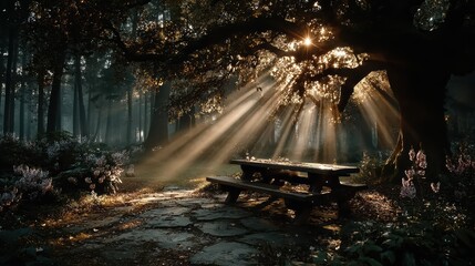 Fototapeta premium Sunlight Beams Through Forest Canopy Illuminating Picnic Table
