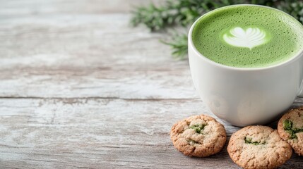A beautifully arranged matcha latte adorned with a heart-shaped design alongside freshly baked cookies, evoking a warm and inviting atmosphere of cozy indulgence.