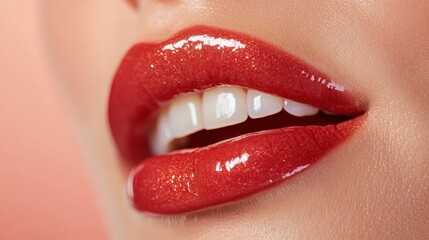 Obraz premium A close-up view captures a pair of glamorous red lips glistening against a soft background, emphasizing beauty and allure with sparkling details and flawless dental aesthetics.