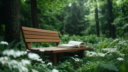 A serene wooden bench nestled within lush greenery and blooming flowers invites relaxation, reflection, and a peaceful connection with nature.