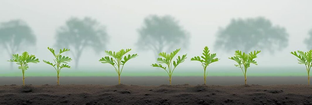Young green seedlings growing in a row from dark soil with foggy trees in the background