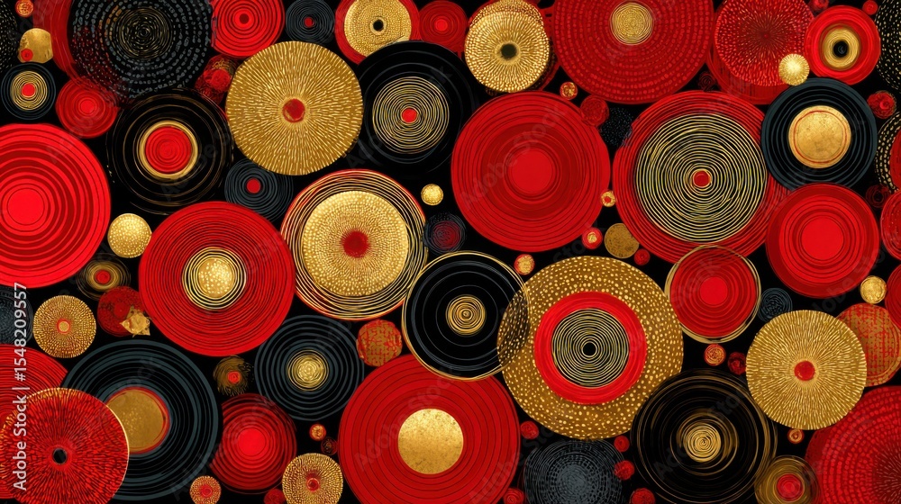 Poster intricate circular patterns in red, black, and gold fill the canvas, creating a lively and dynamic a