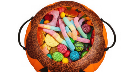 Pumpkin bucket full of candy isolated on transparent background