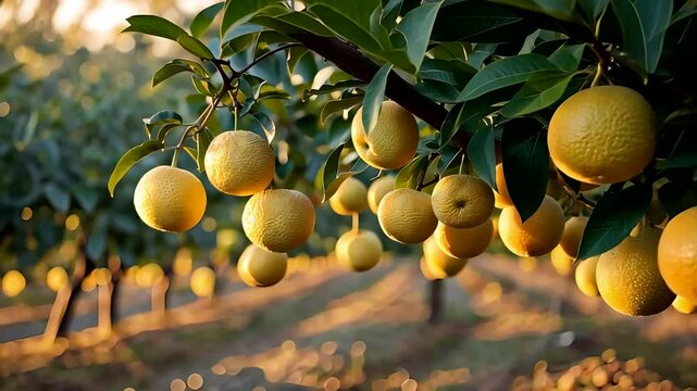 Ripe Orange Fruits Hanging from Branches in a Sunlit Orchard with Rows of Trees in Warm Agricultural Field