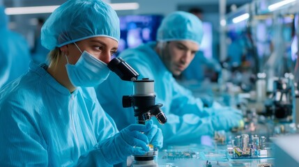 Scientists conduct research in a modern laboratory focused on microscopy and technological innovations during daylight hours