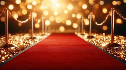 An inviting red carpet laid out under dazzling golden bokeh lights, setting a glamorous atmosphere perfect for celebrations, evening events, or ceremonial occasions in a captivating scene.