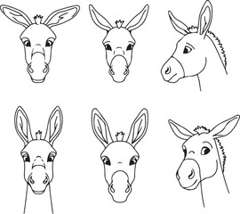 Six Donkey Head Portraits: Line Art Illustrations for Design Projects