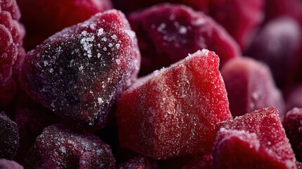 Delicate freeze-dried raspberry bits showcasing vibrant color and unique textures in stunning close-up detail