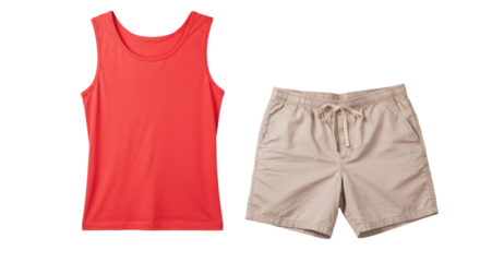 Red Tank Top and Khaki Shorts.