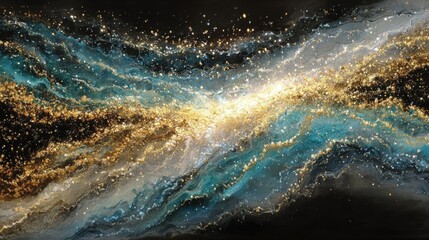 An enchanting cosmic swirl filled with sparkling gold, blue, and white elements against a dark backdrop captures the beauty of the universe. This abstract representation evokes mystery and wonder.
