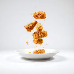 Crispy fried chicken nuggets falling into bowl
