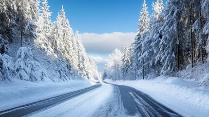 Snowy Road Through Winter Forest, Winter Scenery, Snow Road Winter landscape, Snowy road