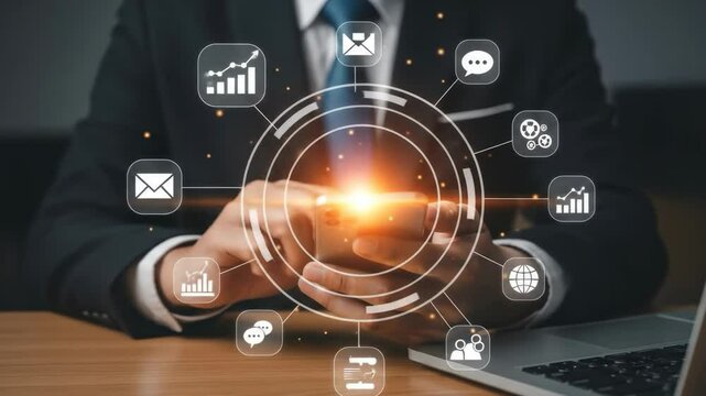 Businessman Using Smartphone with Digital Interface - A close-up shot of a businessman using his smartphone, with a holographic interface showing various business icons such as graphs, emails, and - Powered by Adobe