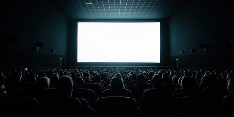Audience watching blank white screen in a dark cinema movie theater.