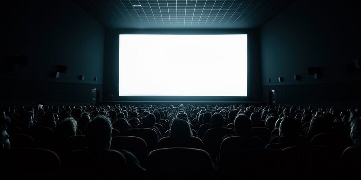 Audience watching blank white screen in a dark cinema movie theater.