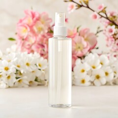 Pink cosmetic bottle with flowers for a relaxing spa and beauty treatment mock up