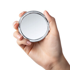 Hand holding compact mirror. Isolated white background. Png format