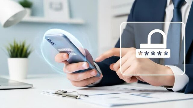 Secure Mobile Access - A businessman uses his smartphone, with a digital lock and password overlay appearing on the screen, suggesting secure mobile access and online security.