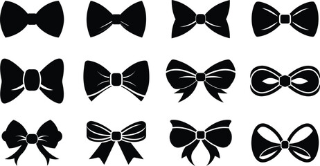 Black Bow Silhouette Collection on Transparent Background, Elegant Ribbon Icon
