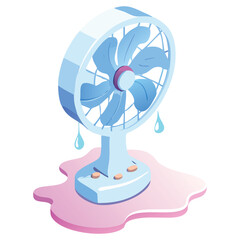 Isometric illustration of a cooling desk device with water drops for summer heat relief concept