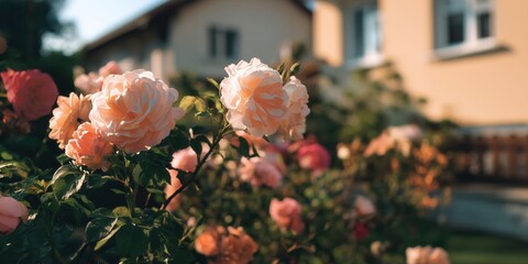Pink roses blossoming in front of a big house. Decorating your outdoor area with blooming flowers.