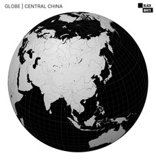Vector globe centered on Central China. Black and white palette. World map with meridians, parallels, countries, rivers, and lakes. Amazing vector illustration.