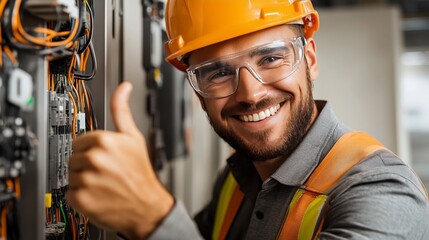 Electrician's Approval: A skilled electrician, complete with a safety helmet and glasses, offers a thumbs-up of approval. The electrician's confident posture suggests expertise and a can-do attitude.