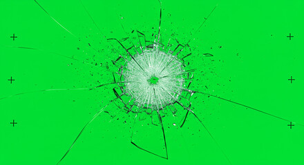 A shattered glass pane with a central impact point against a bright green screen backdrop with markers