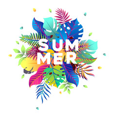Summer vector concept design. Summer text on leaves , relax holiday season decoration. Vector illustration.
