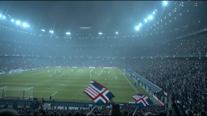 Fans cheer loudly as players compete on a well-lit field under the bright stadium lights. The atmosphere is electric with excitement and anticipation for the game