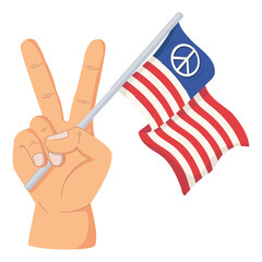 Peace Hand Gesture Holding American Flag with Peace Symbol