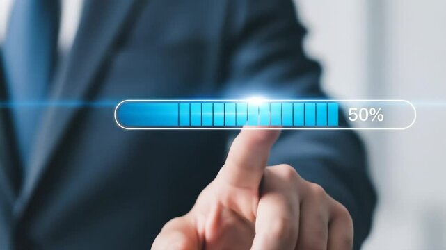 Businessman Interacting with 50% Progress Bar - Close-up shot of a businessman's hand interacting with a digital progress bar showing 50% completion.