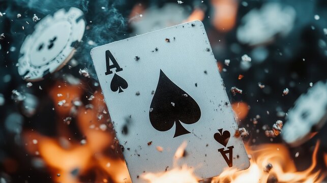An ace of spades card dramatically suspended amidst swirling flames, capturing the thrill and intensity of high-stakes gambling and the excitement of chance.
