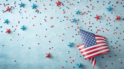 Obraz premium American Flag with Red Blue Stars Confetti on Blue Background