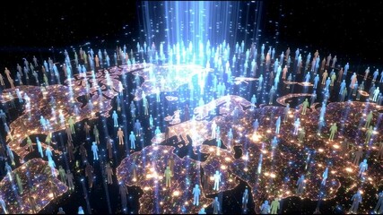 This content showcases a captivating visualization of the world, filled with digital representations of people. It highlights global connections and the flow of information across different regions - Powered by Adobe