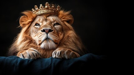 Naklejka premium A regal lion adorned with a golden crown, representing power and majesty, captured in a dramatic portrait that emphasizes its fierce yet noble presence.
