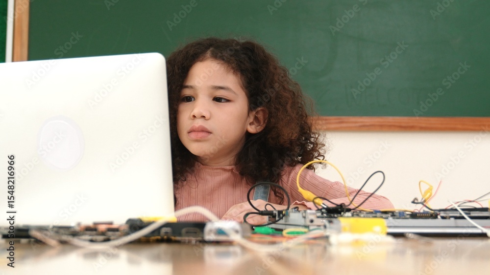 Poster attractive african student programing system while looking at screen. american girl working on her l