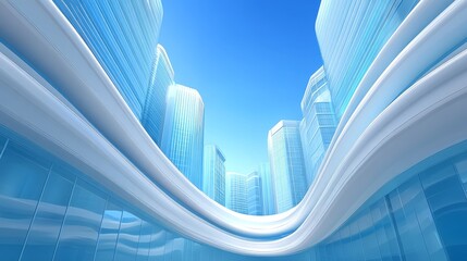 Futuristic curved architecture in modern urban cityscape with glass skyscrapers