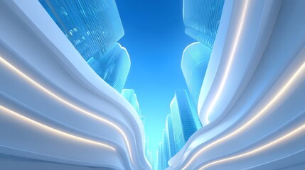 Futuristic urban skyline with modern curved architectural design and glass skyscrapers under blue sky