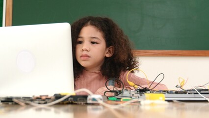 Attractive african student programing system while looking at screen. American girl working on her...