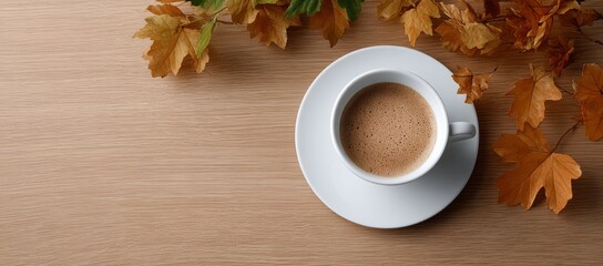 A white coffee cup with a brown liquid in it sits on a wooden table