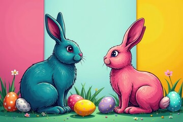 Bold line art bunnies amidst scattered eggs, vibrant color blocks, happy, celebration, minimal