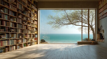 Fototapeta premium Cozy library room with floor-to-ceiling bookshelves. Wide window framing a calm sea and bare tree. Quiet focus and clarity. Ideal for publishing, education, mindfulness branding.