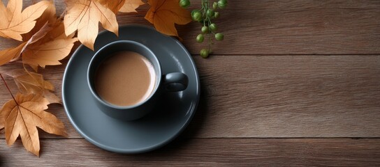 A coffee cup with a leaf on top of it