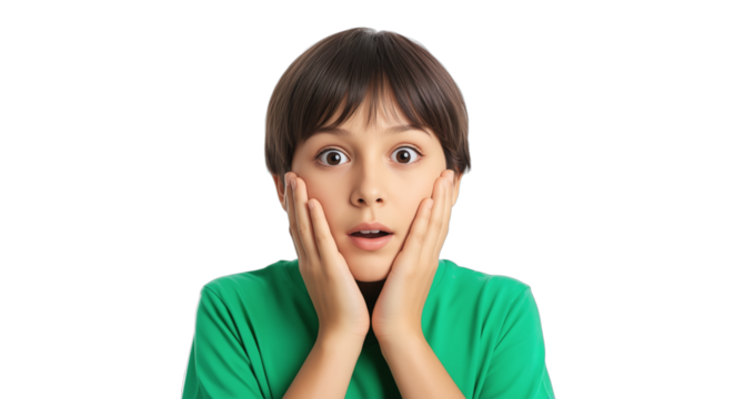 Surprised young boy holding his face with both hands startled expression on transparent background astonished child wide eyes emotional reaction kids emotions concept